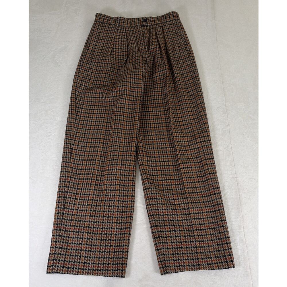 Escada Margaretha Ley Pleated Houndstooth Brown and Orange Wool Dress Pants 42